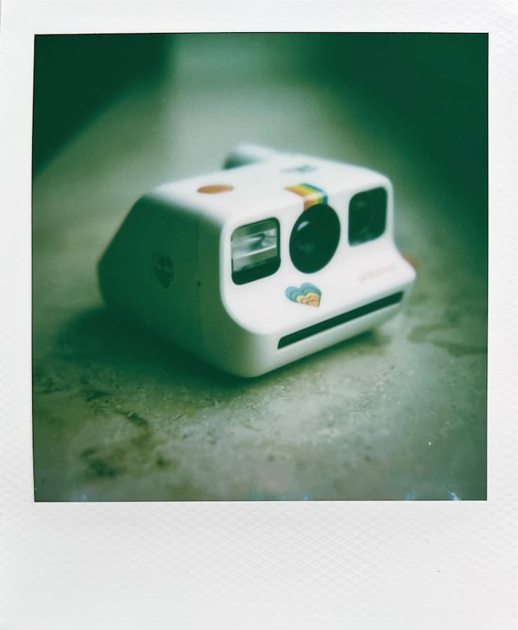A photo of our white Polaroid Go camera.