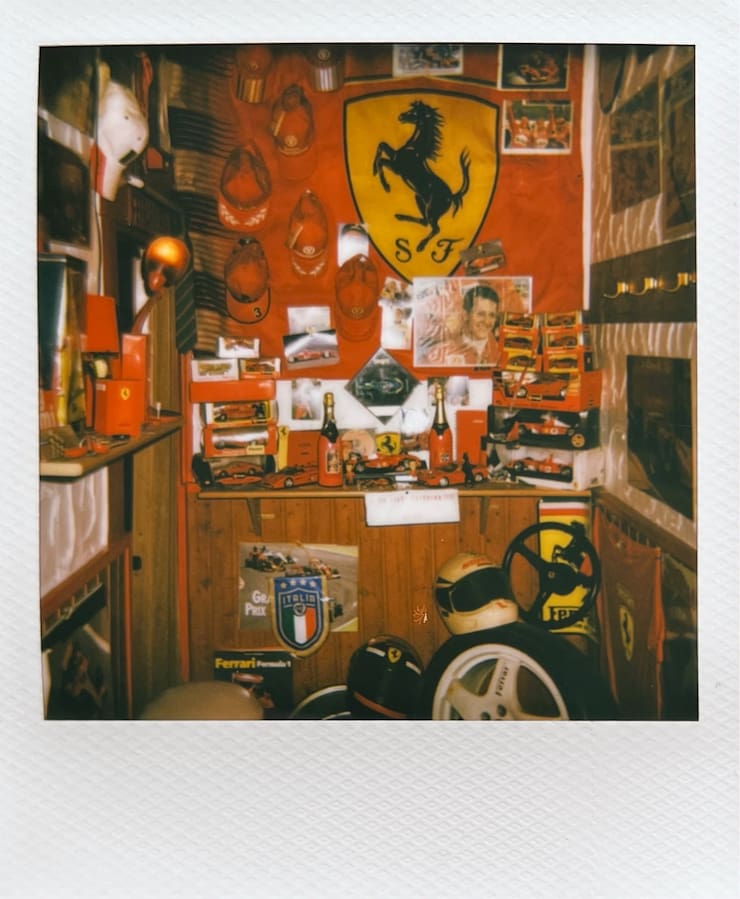 A shrine of Ferrari and Michael Schumacher memorabilia.