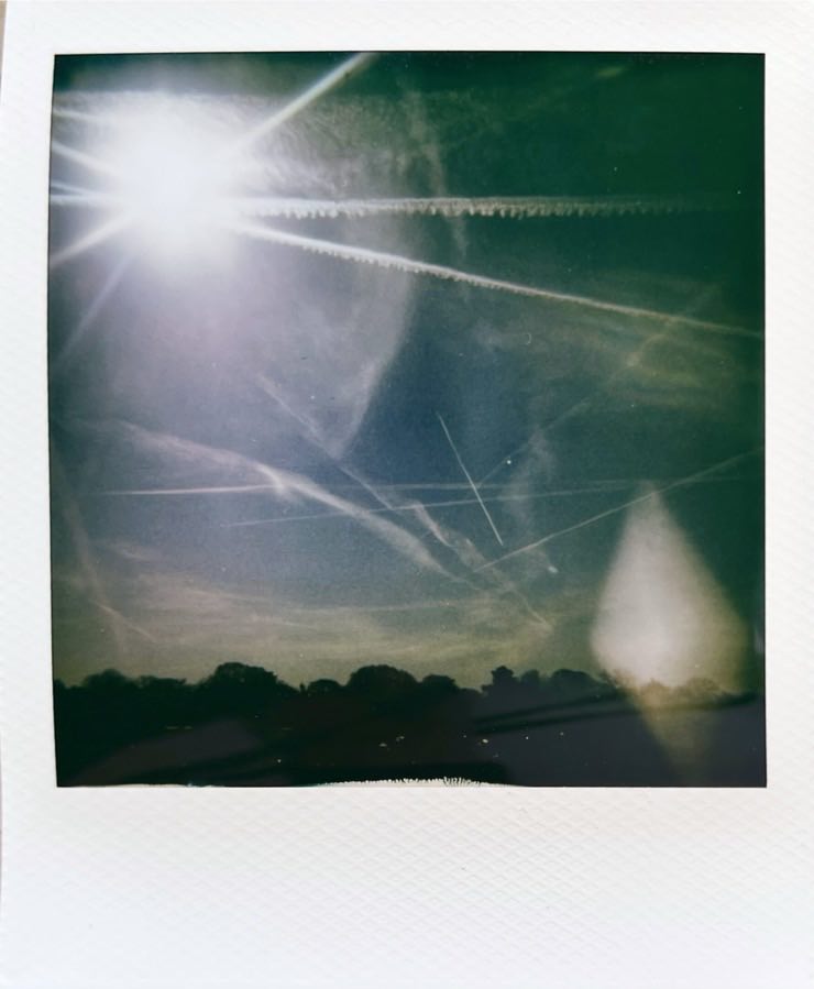 The sun and a blue sky with lots of contrails looking like sun rays.