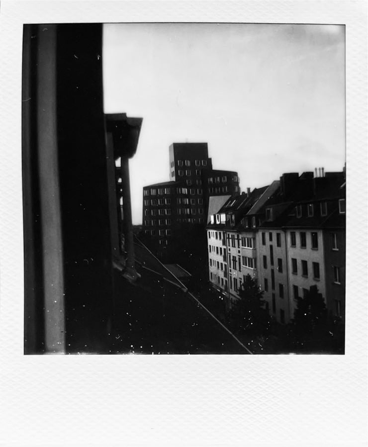 One of Dūsseldorf’s Ghery buildings, photographed from a high up apartment.