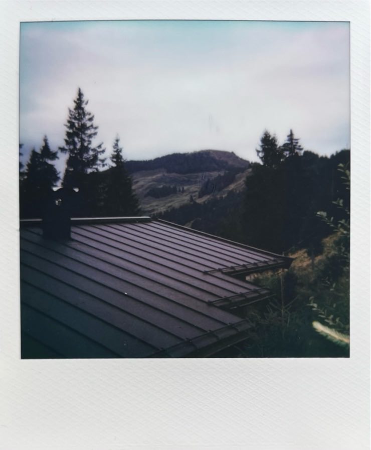 A mountain in the background and the top of a roof of a house in the lower front.